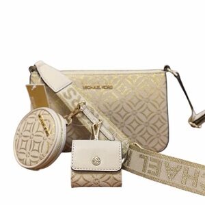 Michael Kors Gold and Cream Jet Set Travel Crossbody with Tech Attachments